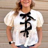Textured Bow + Puff Sleeve Top | Cream