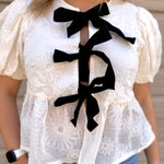 Textured Bow + Puff Sleeve Top | Cream
