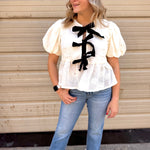 Textured Bow + Puff Sleeve Top | Cream