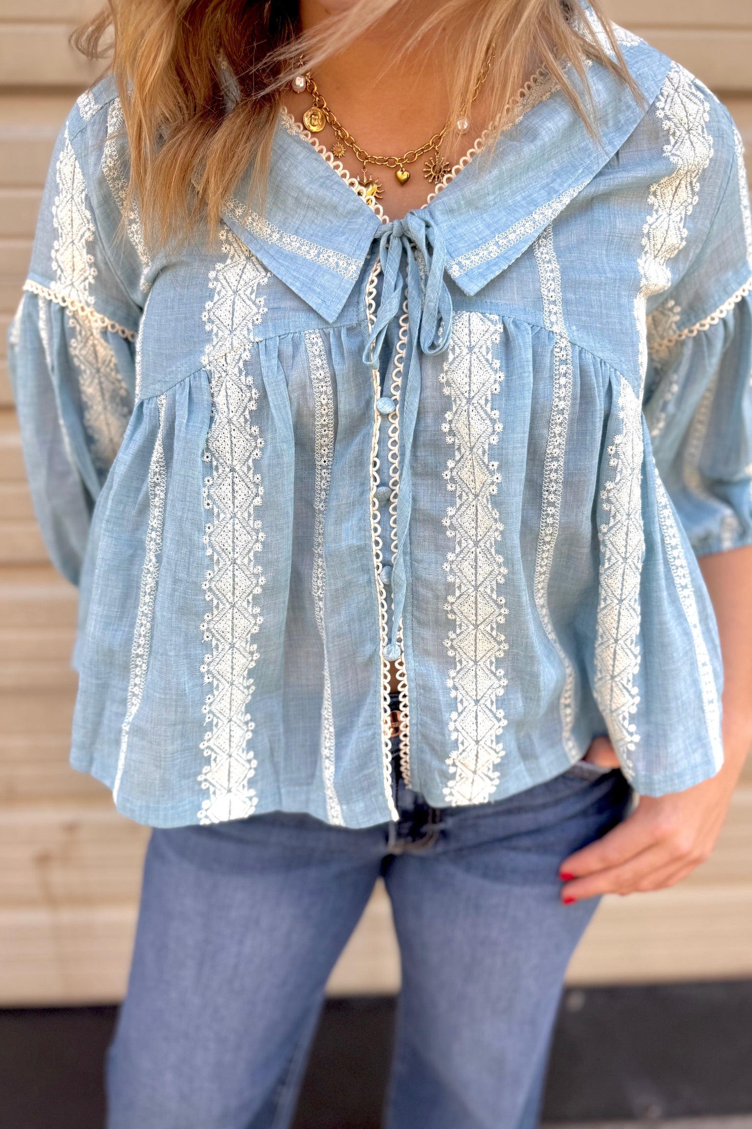 Embroidered Collar Button Down Blouse | Cloud + Ivory