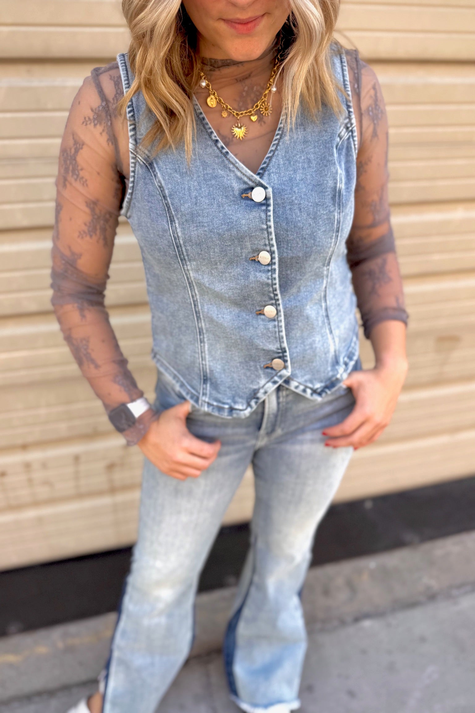 RISEN V-Neck Button Down Denim Vest