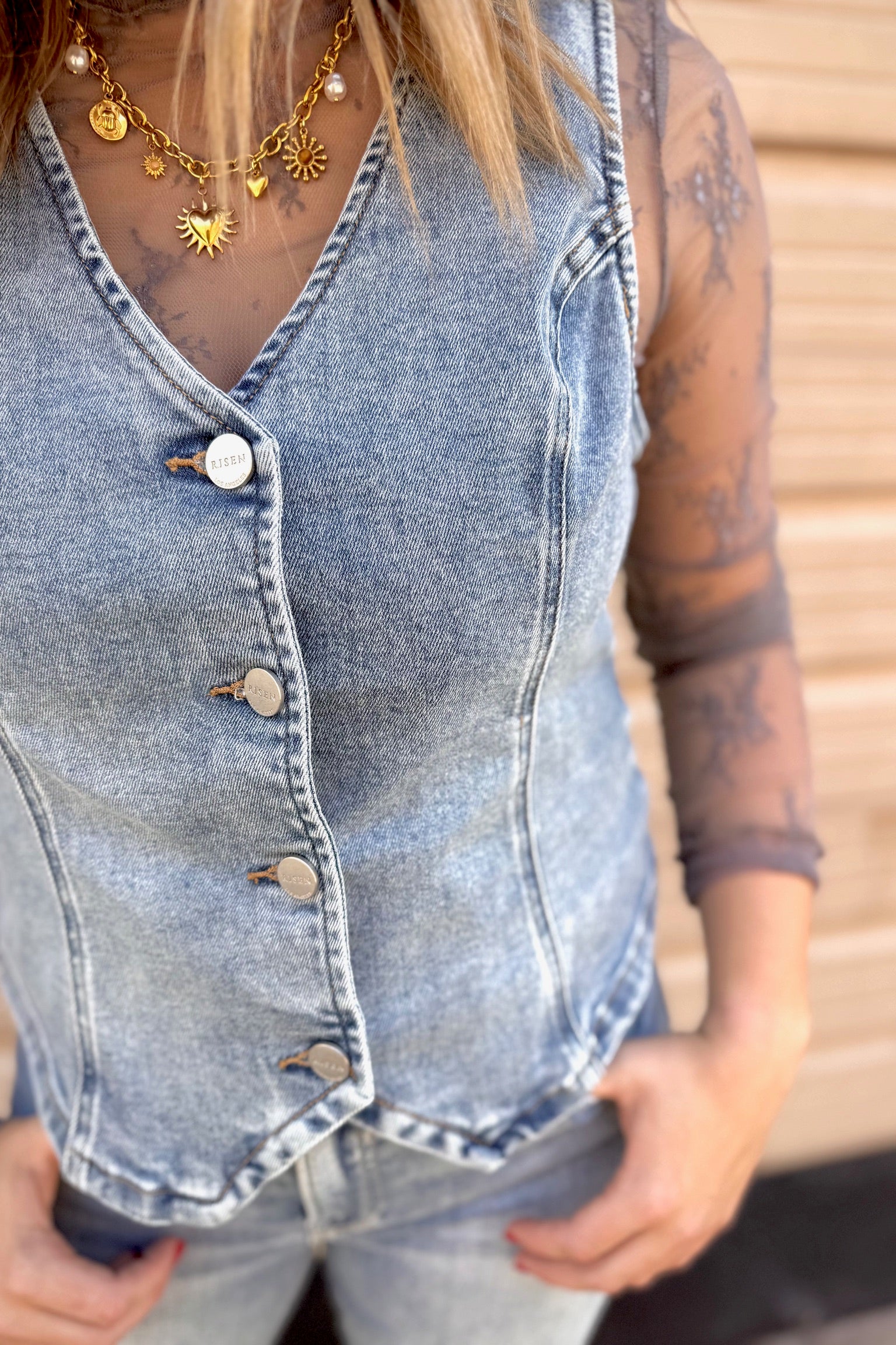 RISEN V-Neck Button Down Denim Vest