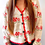 Person wearing a cream-colored cardigan with red floral patterns on a white background