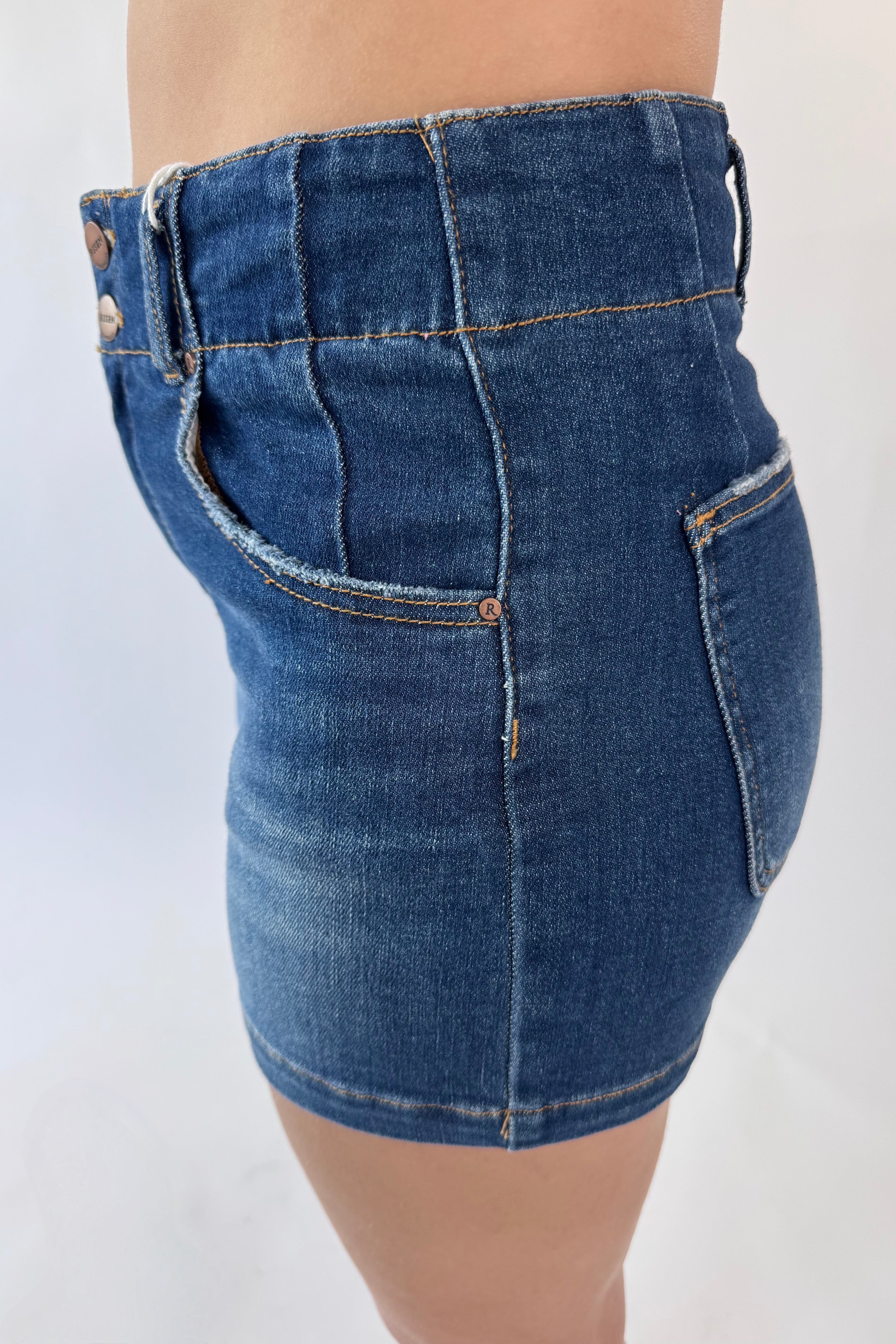RISEN High Rise Detailed Seam Shorts | Dark Wash