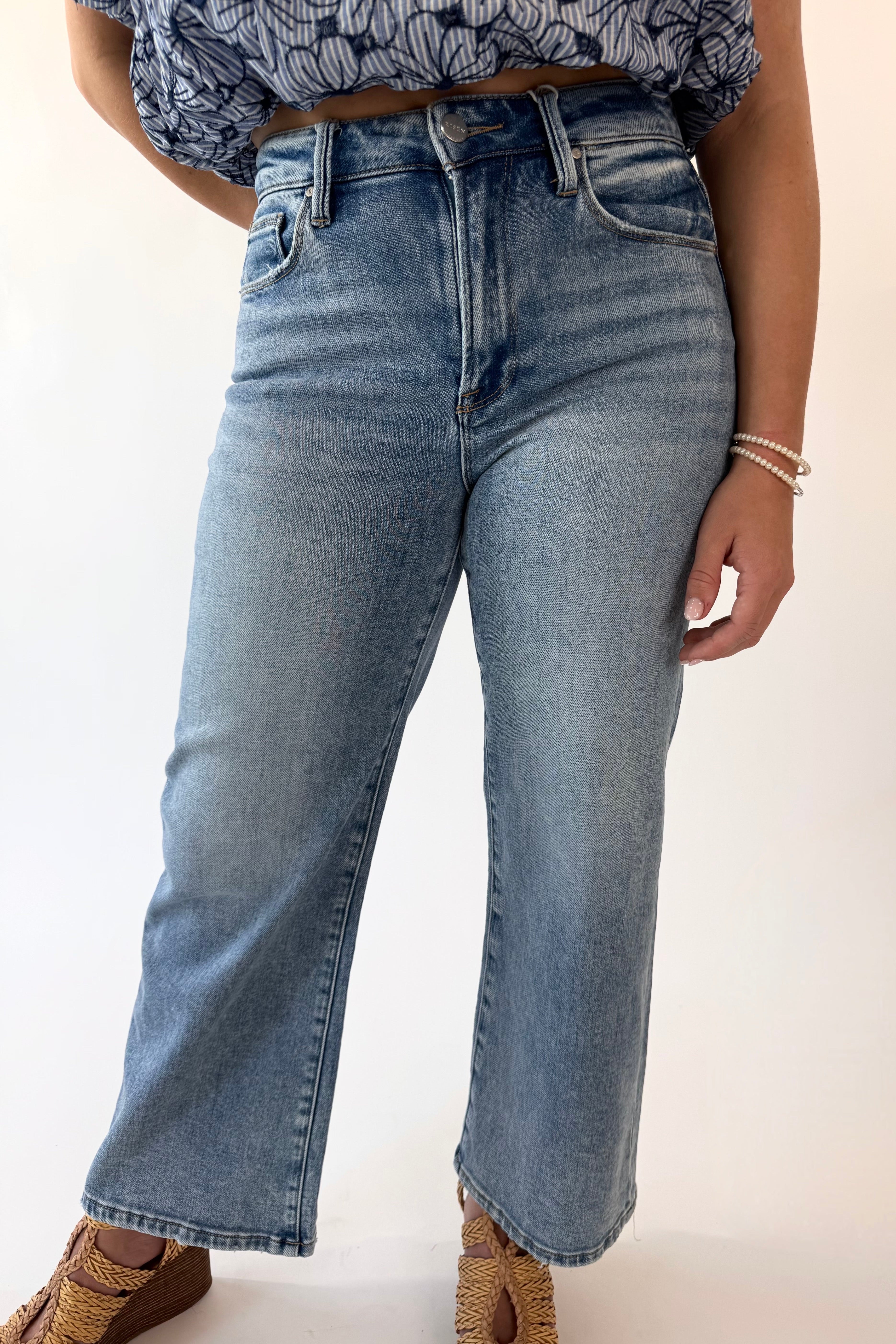 RISEN High Rise Cropped Wide Leg Denim