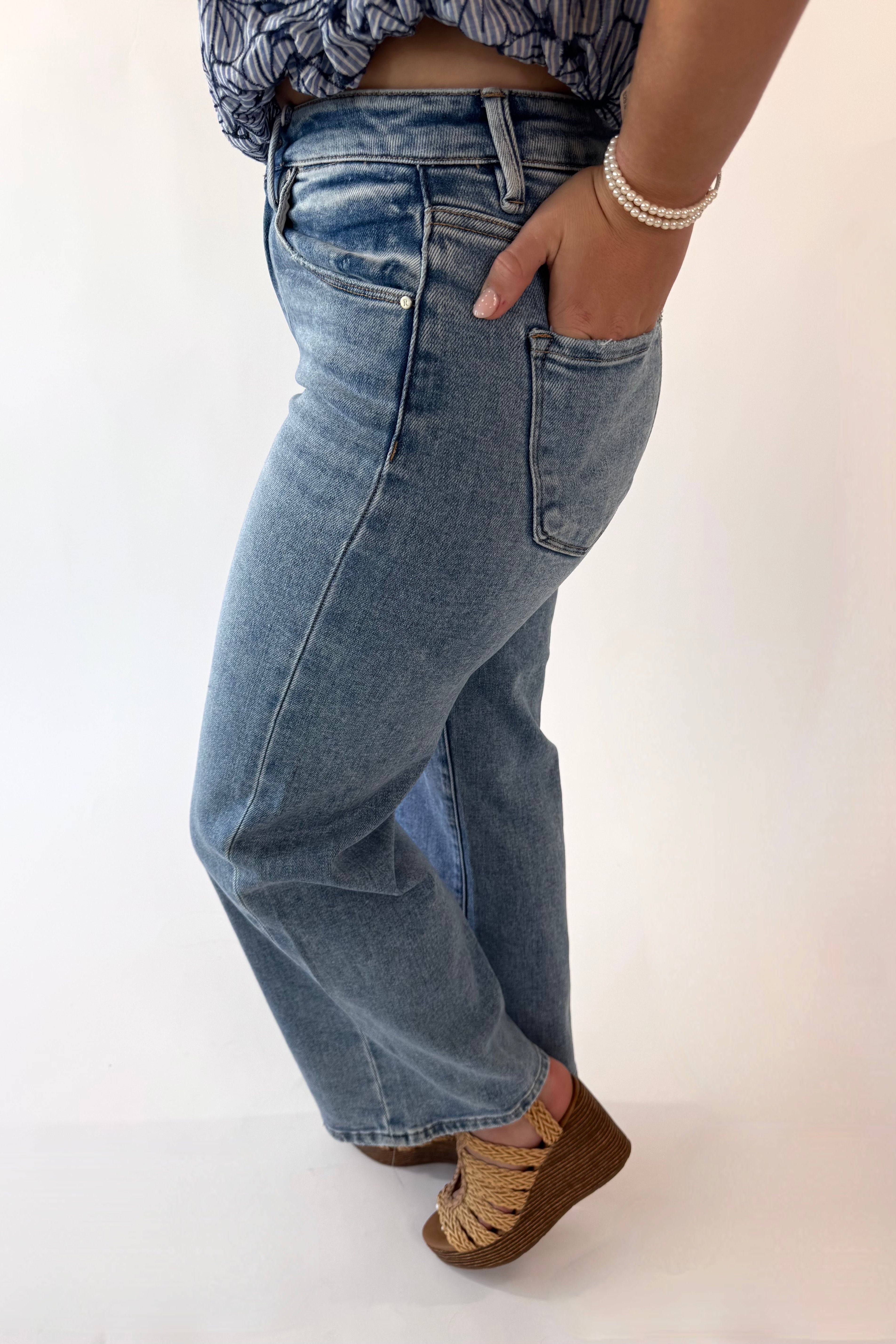 RISEN High Rise Cropped Wide Leg Denim