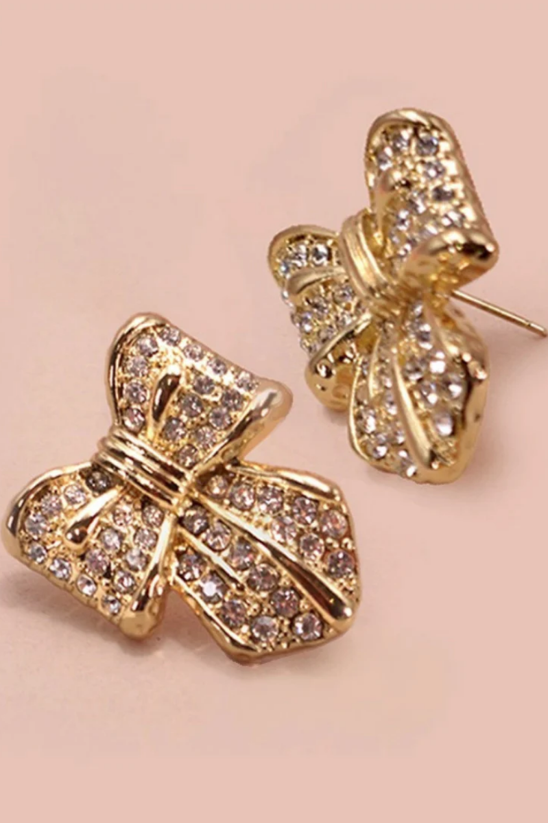Rhinestone Bow Earrings | Gold