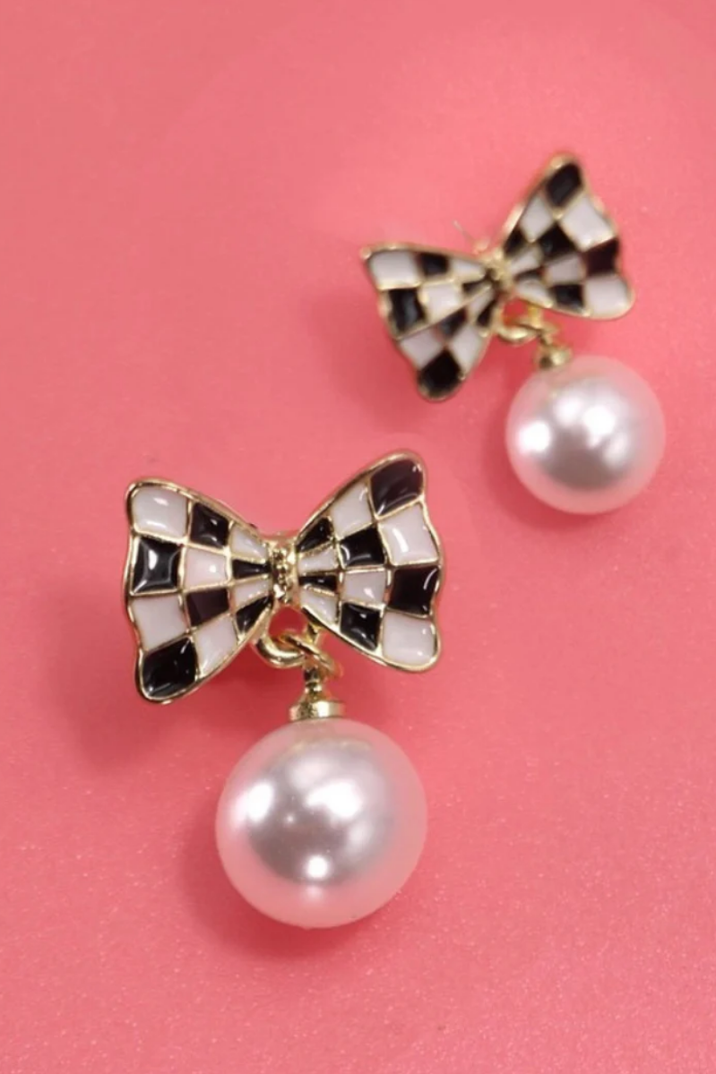 Checker Bow Pearl Drop Earrings | Gold