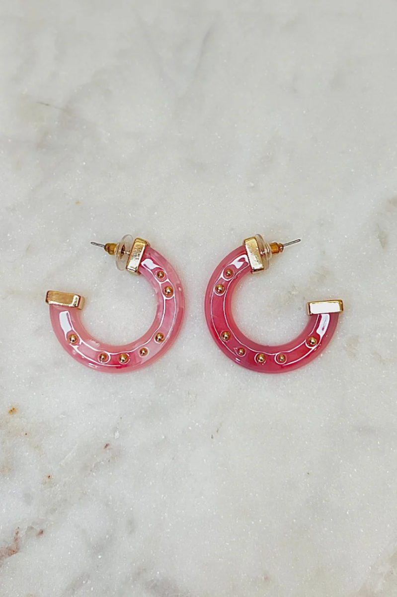Resin Hoop Studded Earrings | Pink + Gold