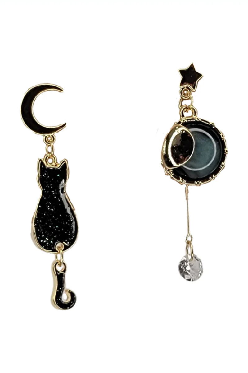 Sun, Star, Moon & Cat Unbalanced Earrings