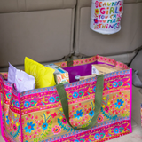 Carry All Happy Tote Bag | Natural Life | Floral Border | Dimensions: 20in L x 11.5in W x 12in H, 9.5in handle drop