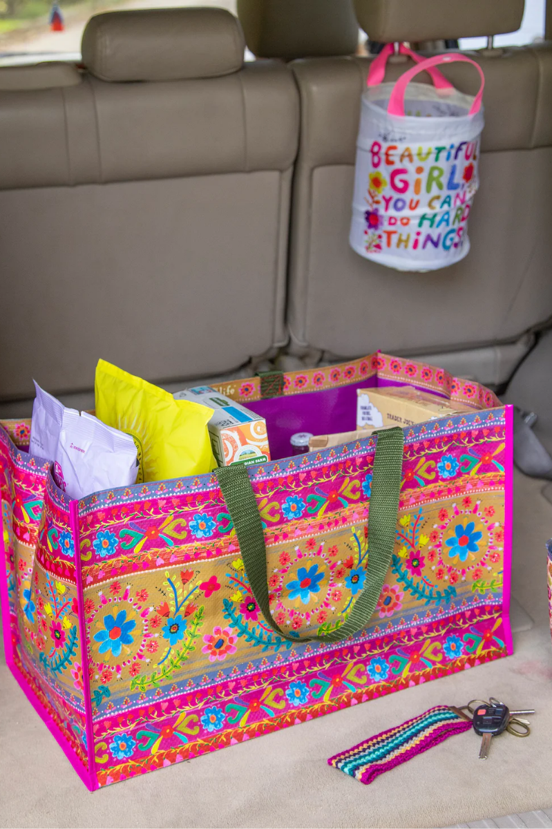 Carry All Happy Tote Bag | Natural Life | Floral Border | Dimensions: 20in L x 11.5in W x 12in H, 9.5in handle drop