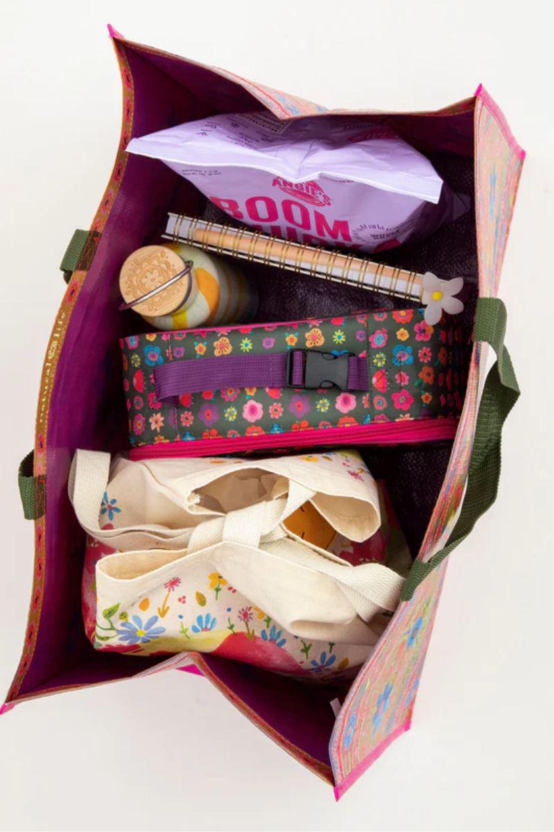 Carry All Happy Tote Bag | Natural Life | Dimensions: 20in L x 11.5in W x 12in H, 9.5in handle drop