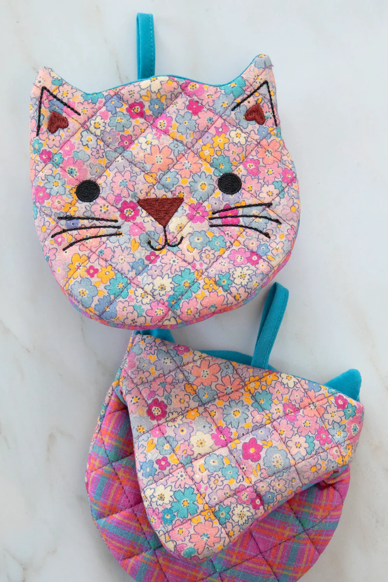 Mini Oven Mitts | Natural Life | Cat | Pink & Blue Plaid/Floral