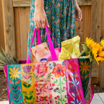 Carry All Happy Tote Bag | Natural Life | Flower | Dimensions: 20in L x 11.5in W x 12in H, 9.5in handle drop