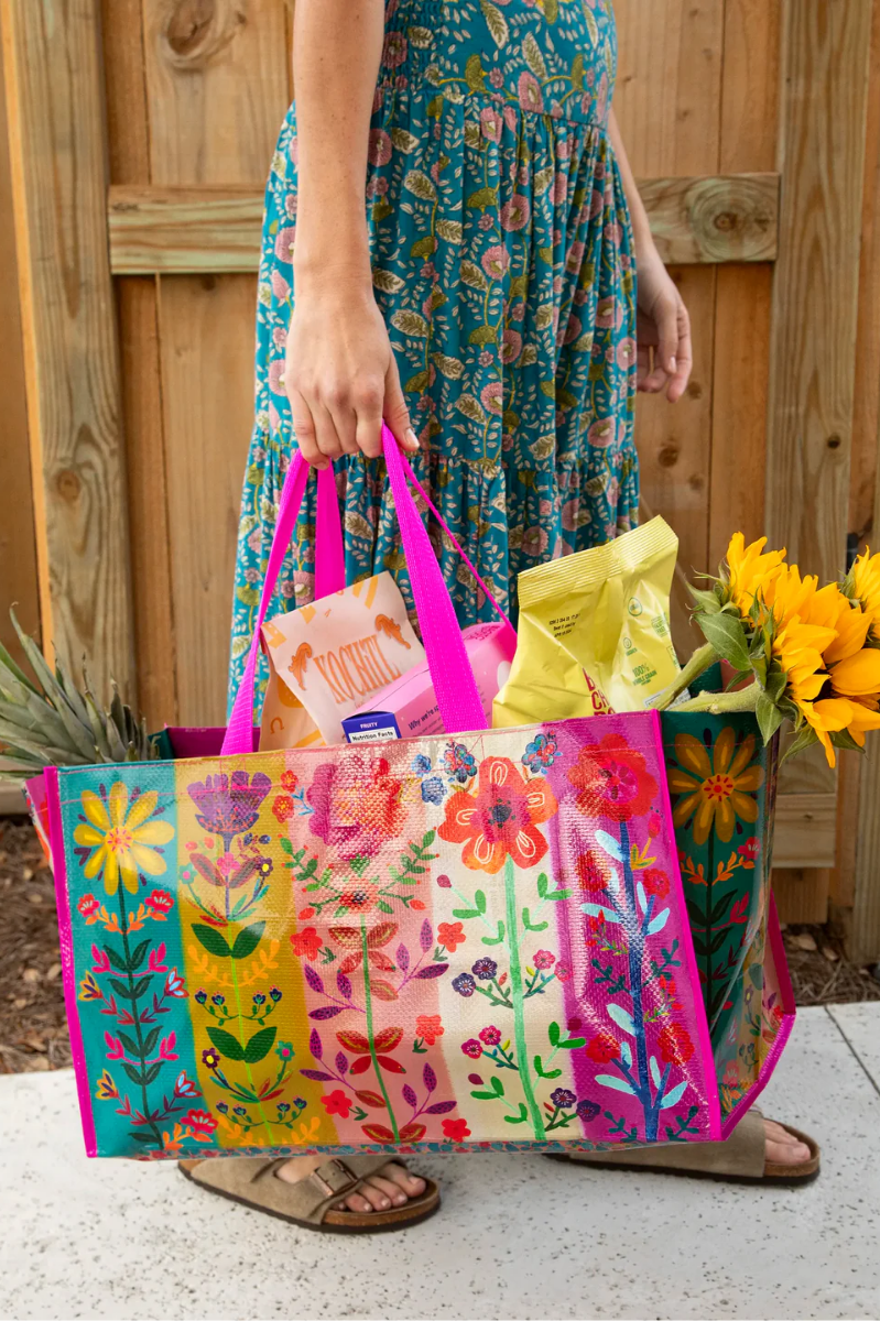 Carry All Happy Tote Bag | Natural Life | Flower | Dimensions: 20in L x 11.5in W x 12in H, 9.5in handle drop