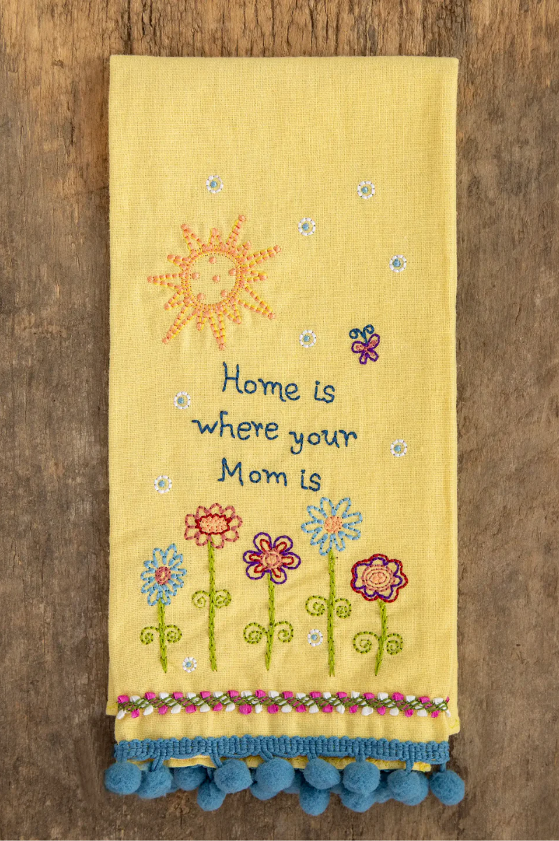 Linen Embroidered Hand Towel | Natural Life | Home is Where Your Mom is | Yellow and Teal