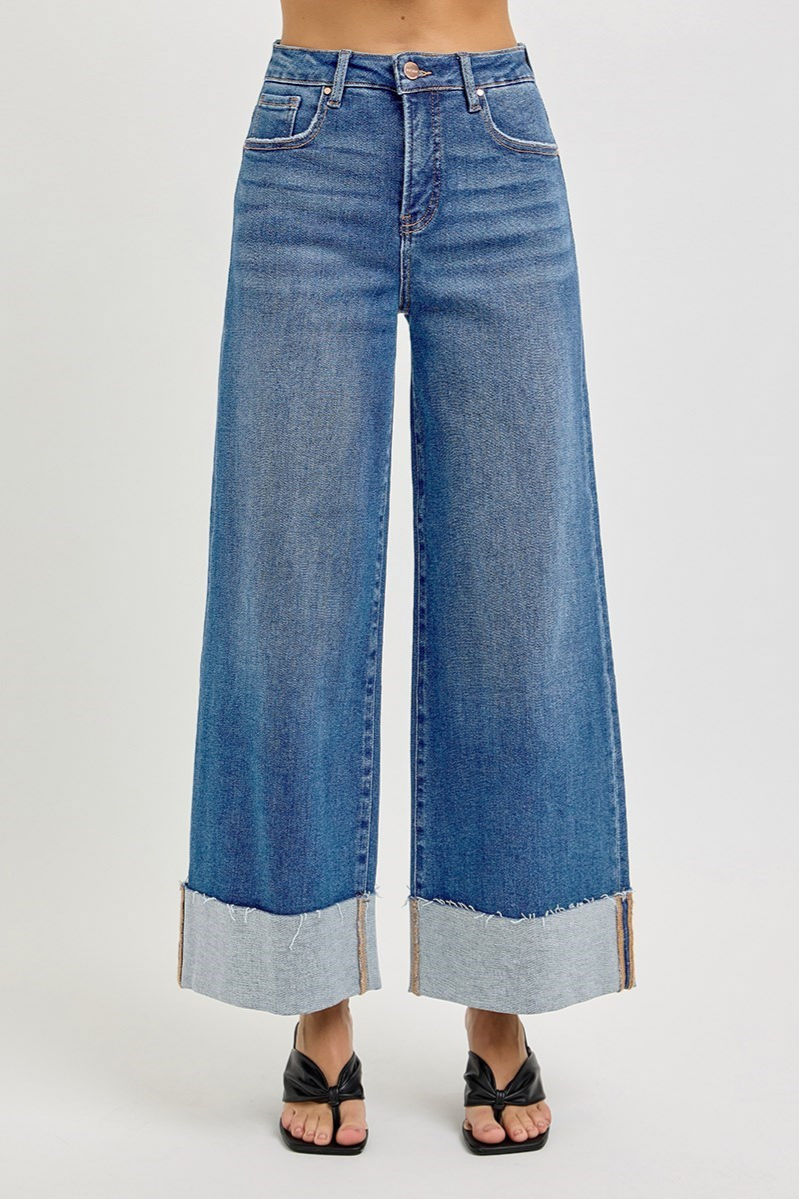 RISEN Tummy Control High Rise Crop Wide Cuffed Jeans | Medium Wash