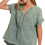 Washed Double Gauze Henley Top | Ash Jade