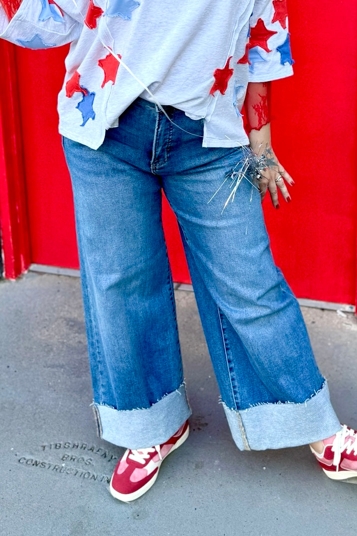 RISEN Tummy Control High Rise Crop Wide Cuffed Jeans