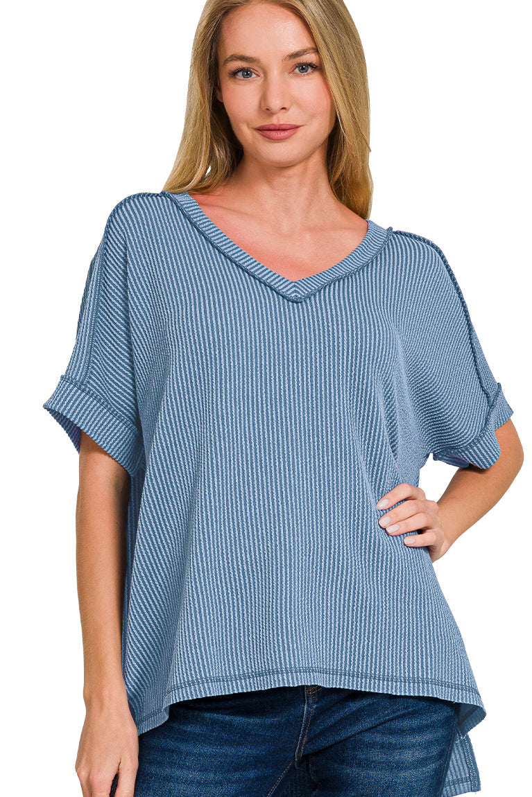 Corded Rib V-Neck Top | Dusty Blue