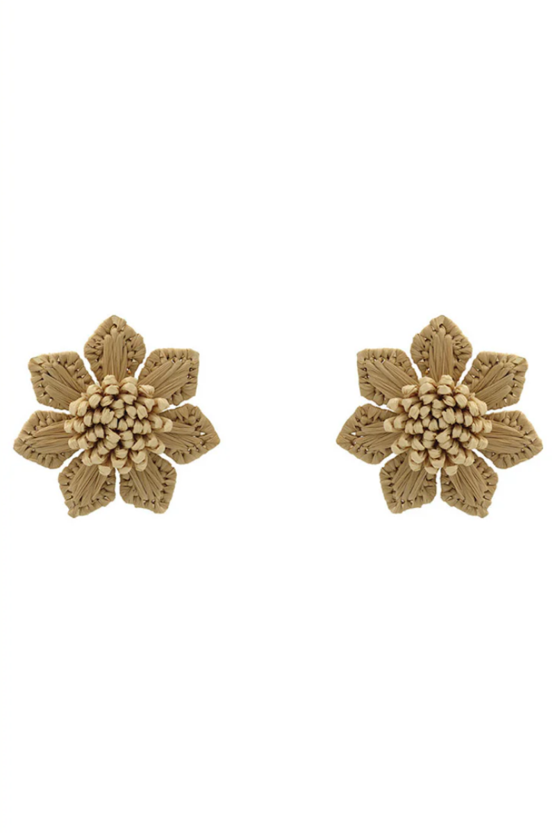 Raffia Flower Stud Earrings | Brown