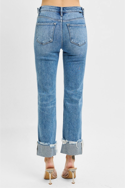 RISEN Tummy Control High Rise Crop Straight-Cuffed Denim | Medium Wash