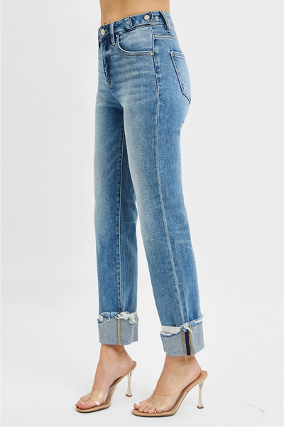 RISEN Tummy Control High Rise Crop Straight-Cuffed Denim | Medium Wash