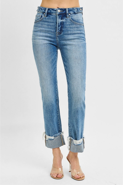 RISEN Tummy Control High Rise Crop Straight-Cuffed Denim | Medium Wash