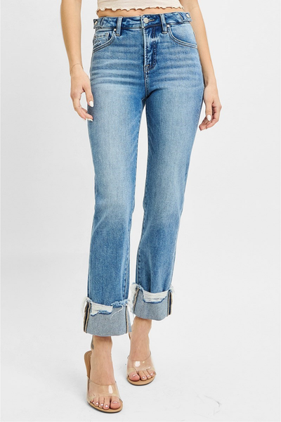 RISEN Tummy Control High Rise Crop Straight-Cuffed Denim | Medium Wash