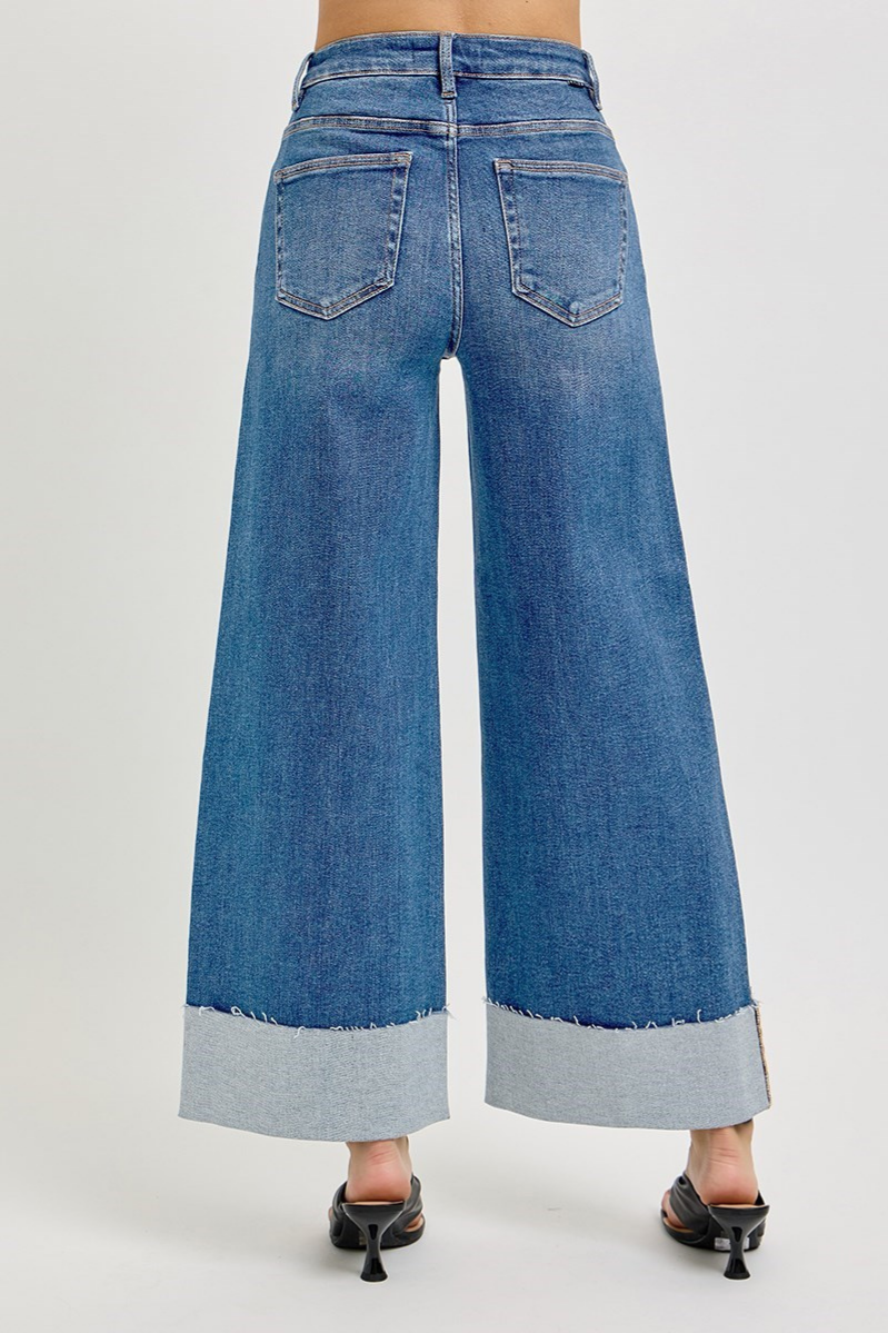 RISEN Tummy Control High Rise Crop Wide Cuffed Jeans | Medium Wash