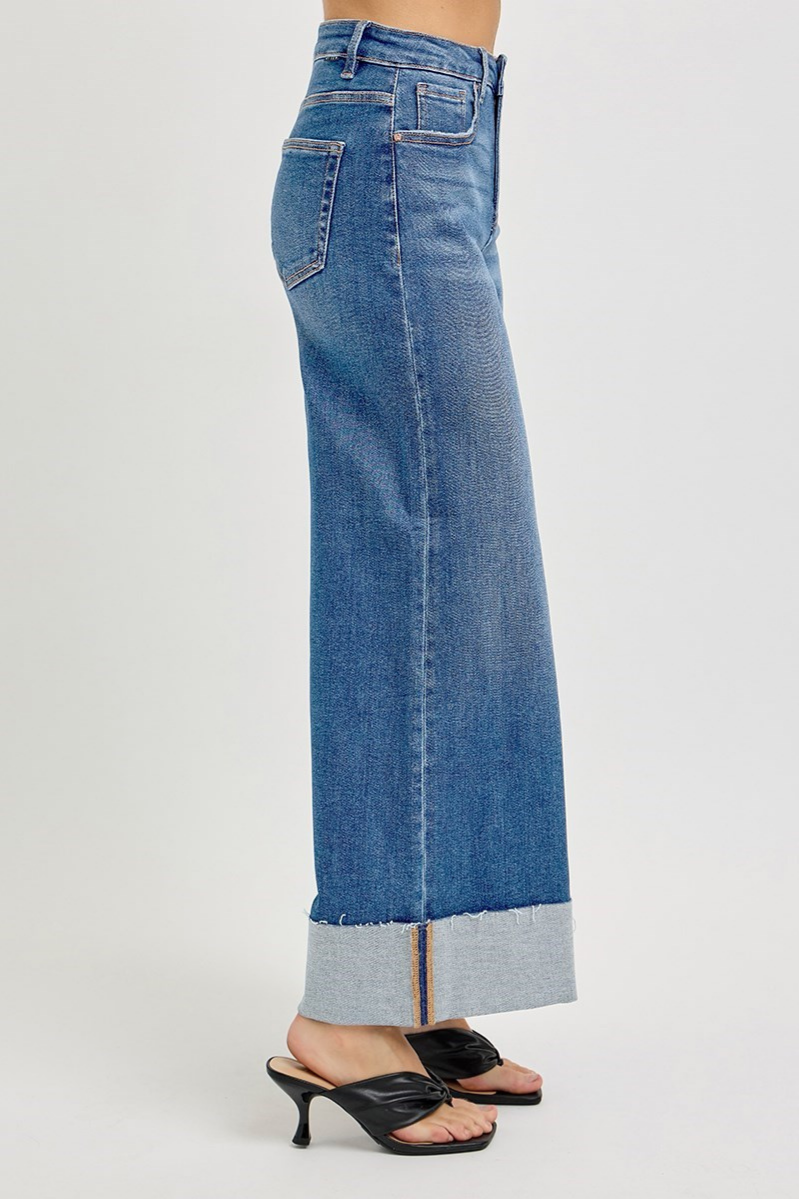 RISEN Tummy Control High Rise Crop Wide Cuffed Jeans | Medium Wash