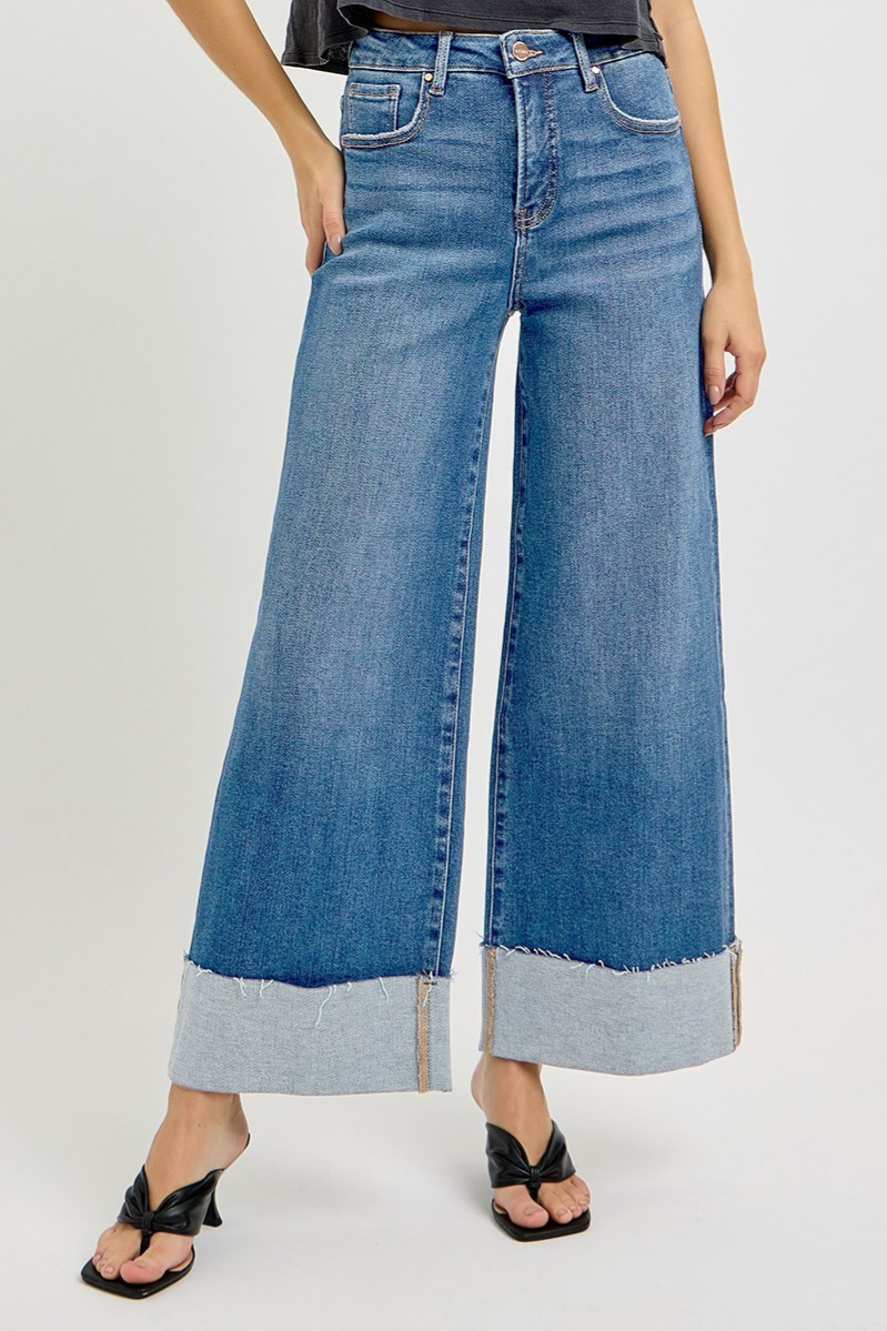 RISEN Tummy Control High Rise Crop Wide Cuffed Jeans | Medium Wash