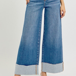 RISEN Tummy Control High Rise Crop Wide Cuffed Jeans | Medium Wash