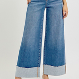 RISEN Tummy Control High Rise Crop Wide Cuffed Jeans | Medium Wash