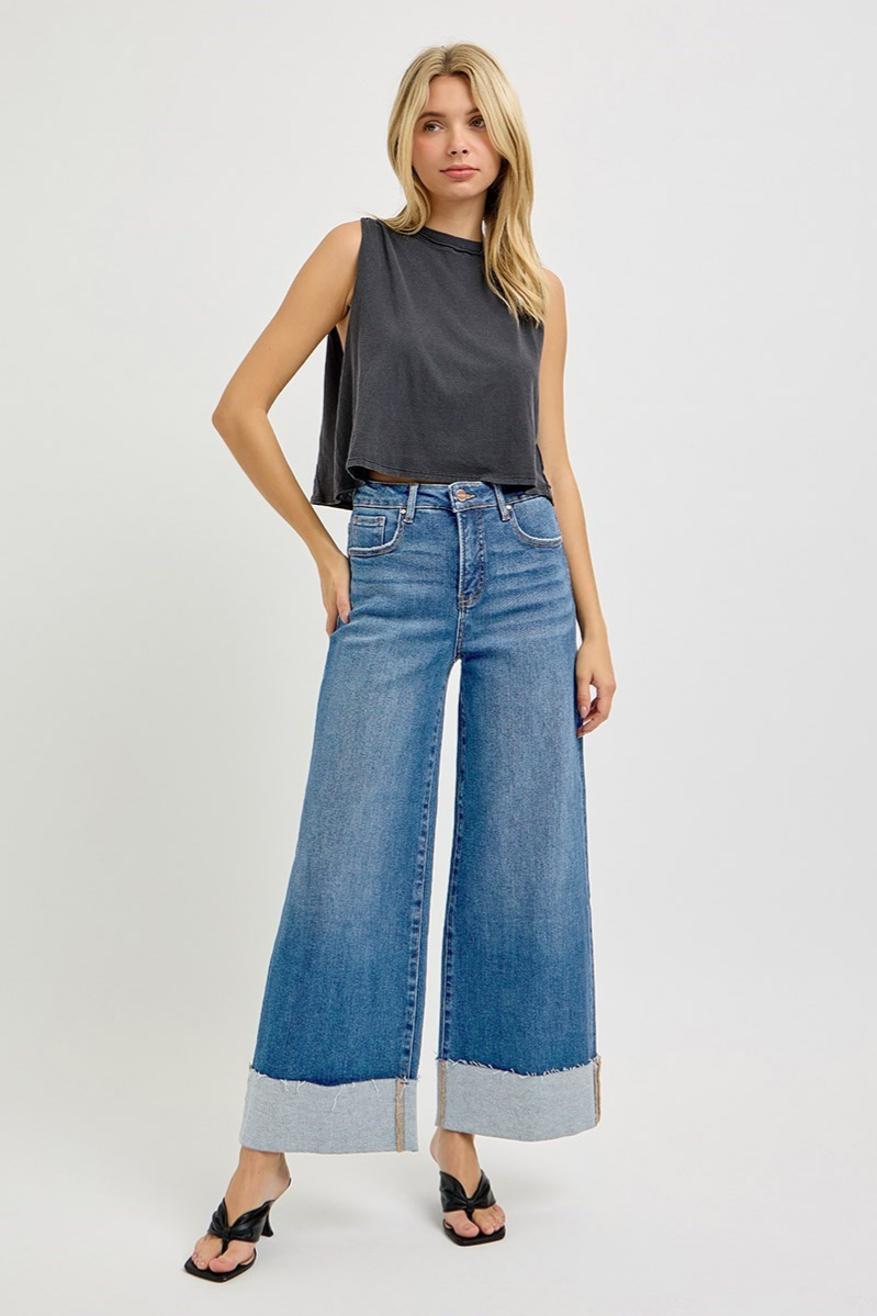 RISEN Tummy Control High Rise Crop Wide Cuffed Jeans | Medium Wash