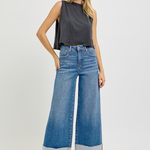 RISEN Tummy Control High Rise Crop Wide Cuffed Jeans | Medium Wash
