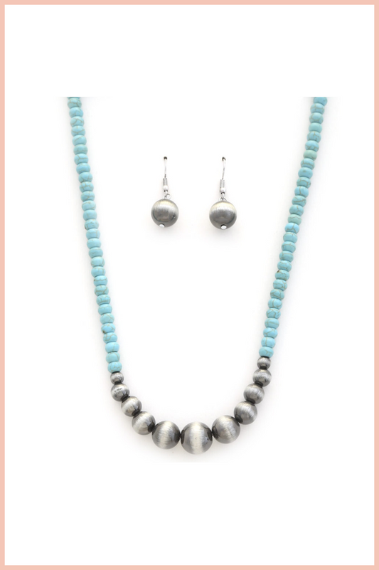 LARGE TURQUOISE +SILVER TIGER EYE EARRINGS AND NECKLACE SET