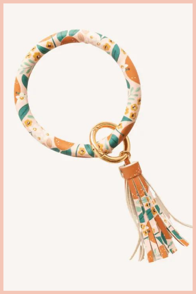 Circle Wristlet Keychain | Orange Floral