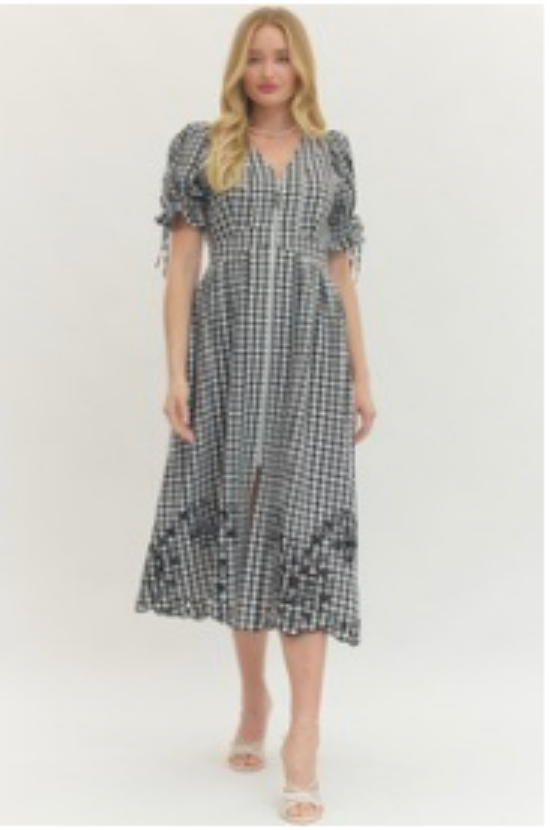 Gingham Puff Sleeve Midi Dress Black / Small