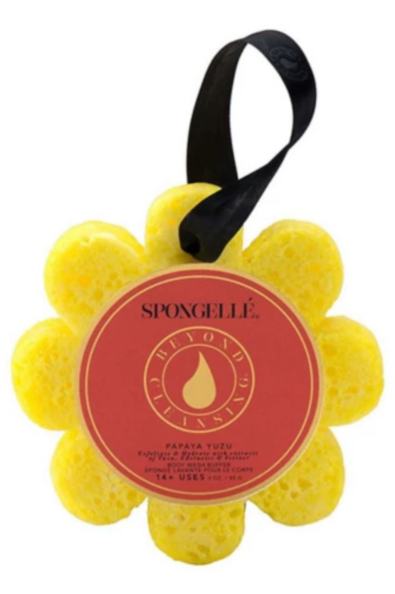 Wild Flower Infused Buffer | Spongellé | Papaya Yuzu Top: Mélange of fruity notes | Middle: Floral notes of Cyclamen and Bois de Rose | Bottom: Sweet Sugary Caramel