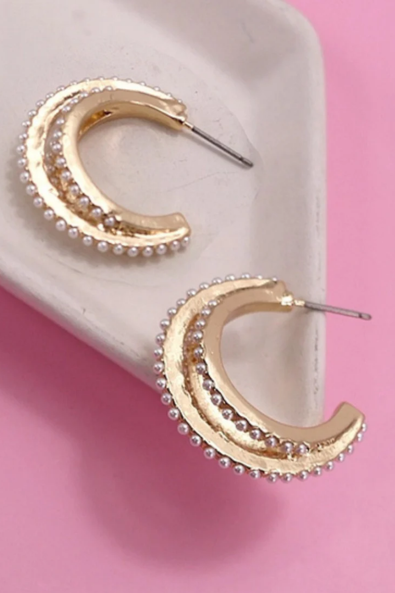 3 Row Pearl Hoop Earrings | Gold