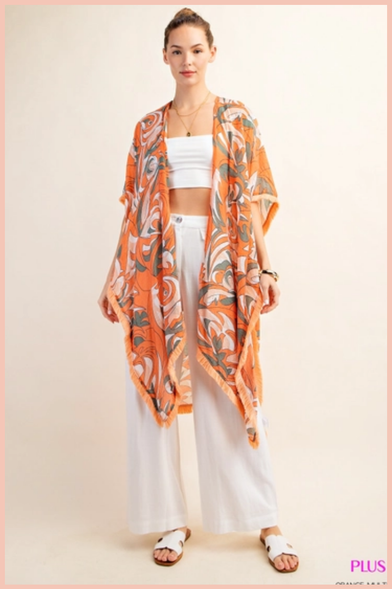Printed Kimono + Fringe Trim | Orange
