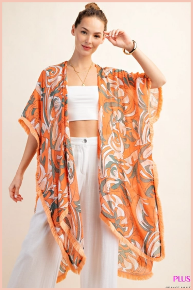 Printed Kimono + Fringe Trim | Orange