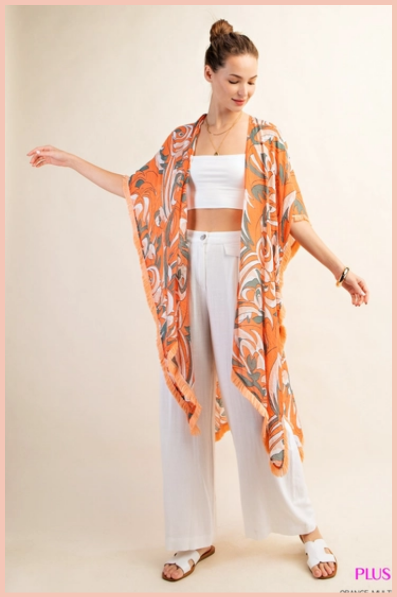 Printed Kimono + Fringe Trim | Orange