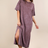 Mineral Washed Casual Comfy Midi Dress | Chocolate