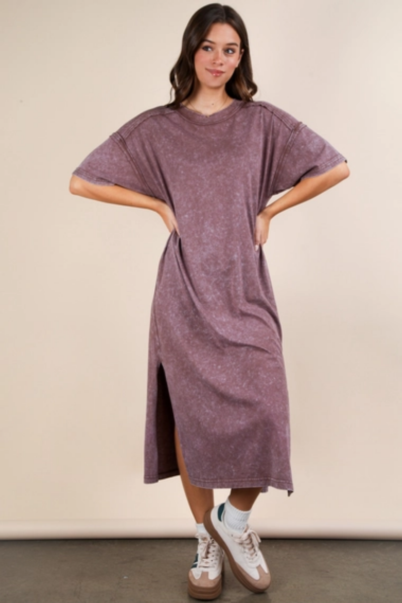Mineral Washed Casual Comfy Midi Dress | Chocolate