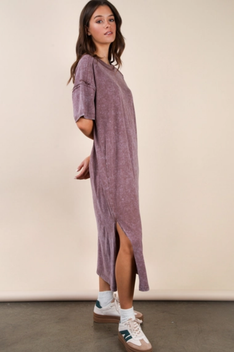 Mineral Washed Casual Comfy Midi Dress | Chocolate