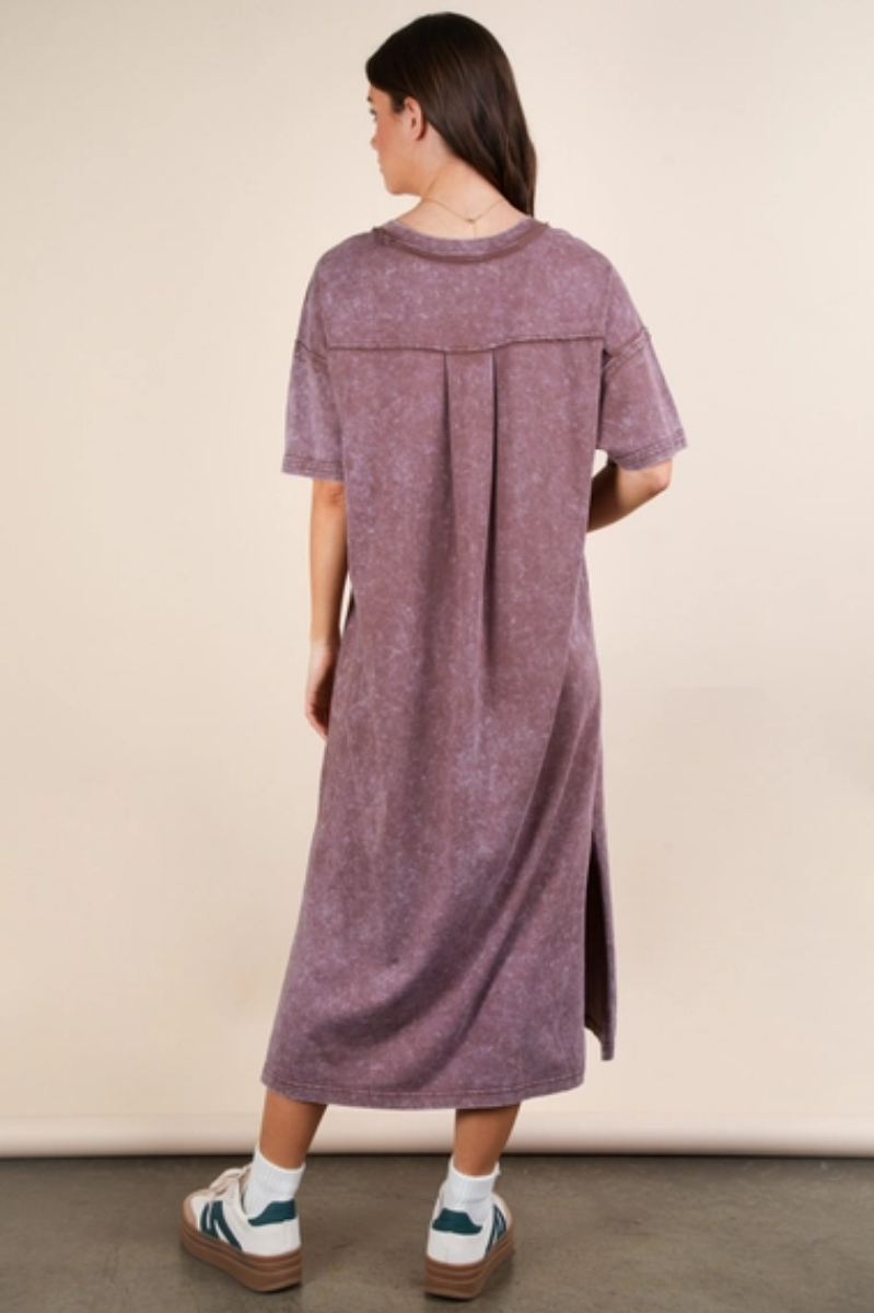 Mineral Washed Casual Comfy Midi Dress | Chocolate