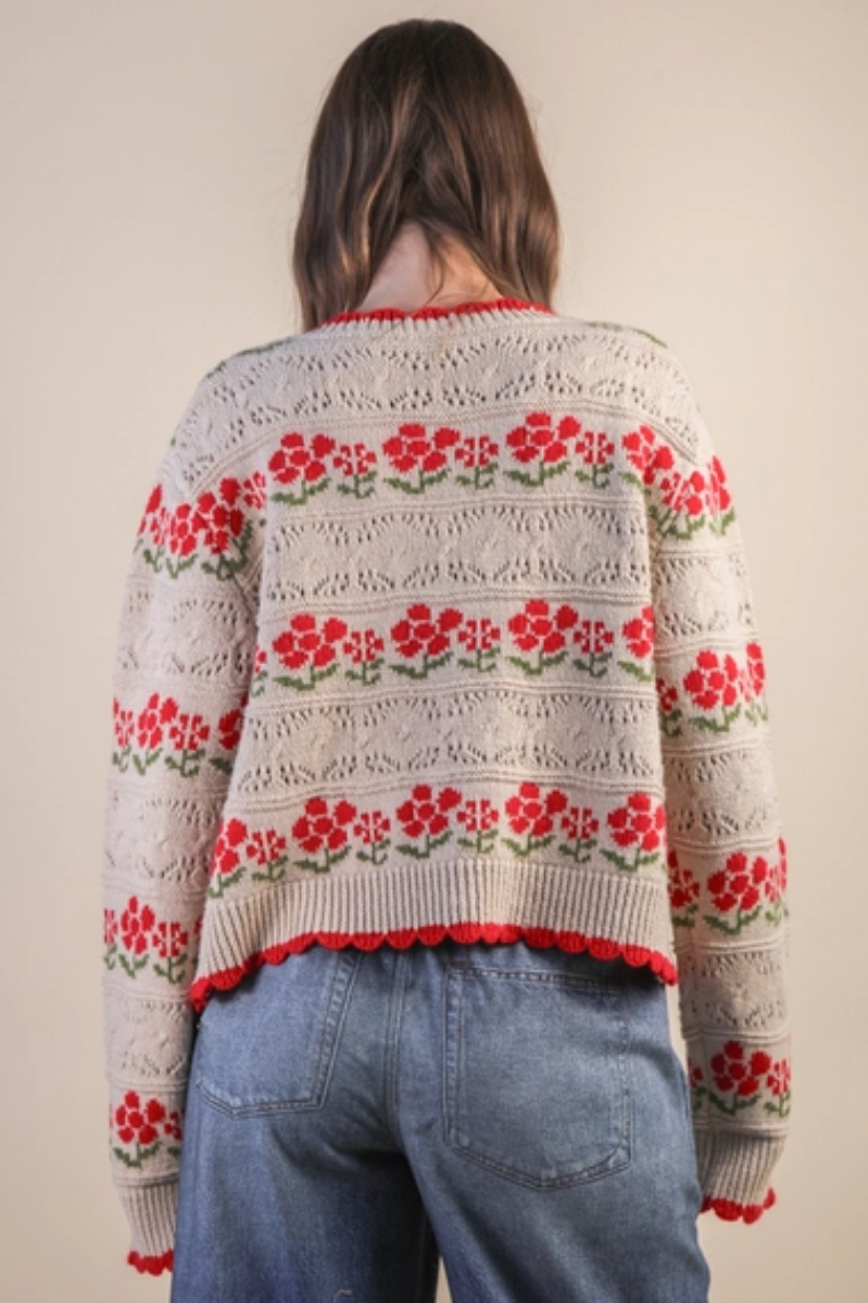 Floral Graphic Detail Knit Sweater Cardigan